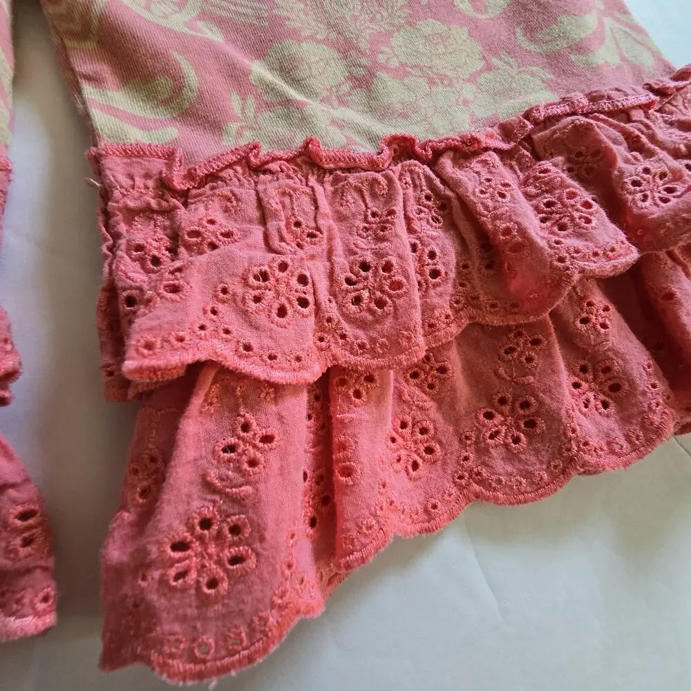 Matilda Jane Ruffled Capri Pants Girls Sz 4 Elastic Pink Coral Tan Lace‎ Whimsy
